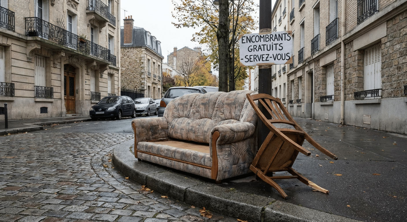 Enlèvement de meubles à domicile gratuit : mode d'emploi 1 Vieux canapé et chaise déposés sur le trottoir pour enlèvement gratuit