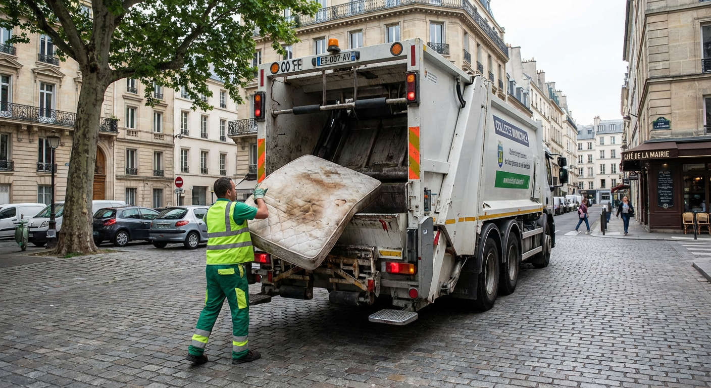 Agent municipal chargeant un matelas dans un camion de collecte d'encombrants