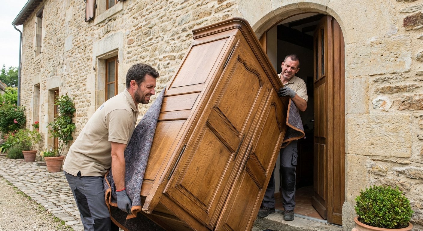 Entreprise pour vider une maison : comment choisir 1 Déménageurs transportant une armoire lourde par la porte d'entrée