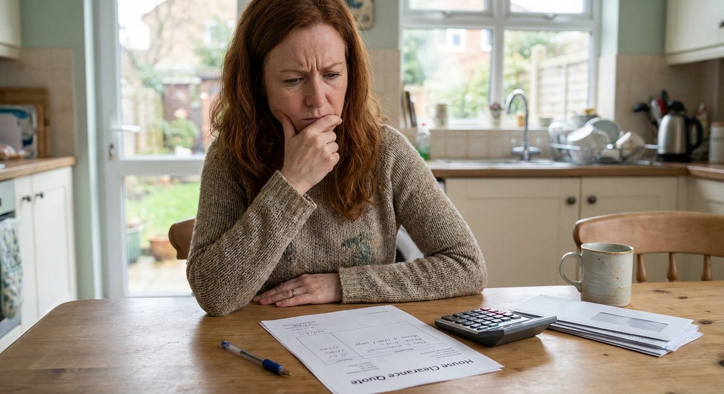 Entreprise pour vider une maison : comment choisir 3 Propriétaire étudiant un devis de vidage de maison avec une calculatrice