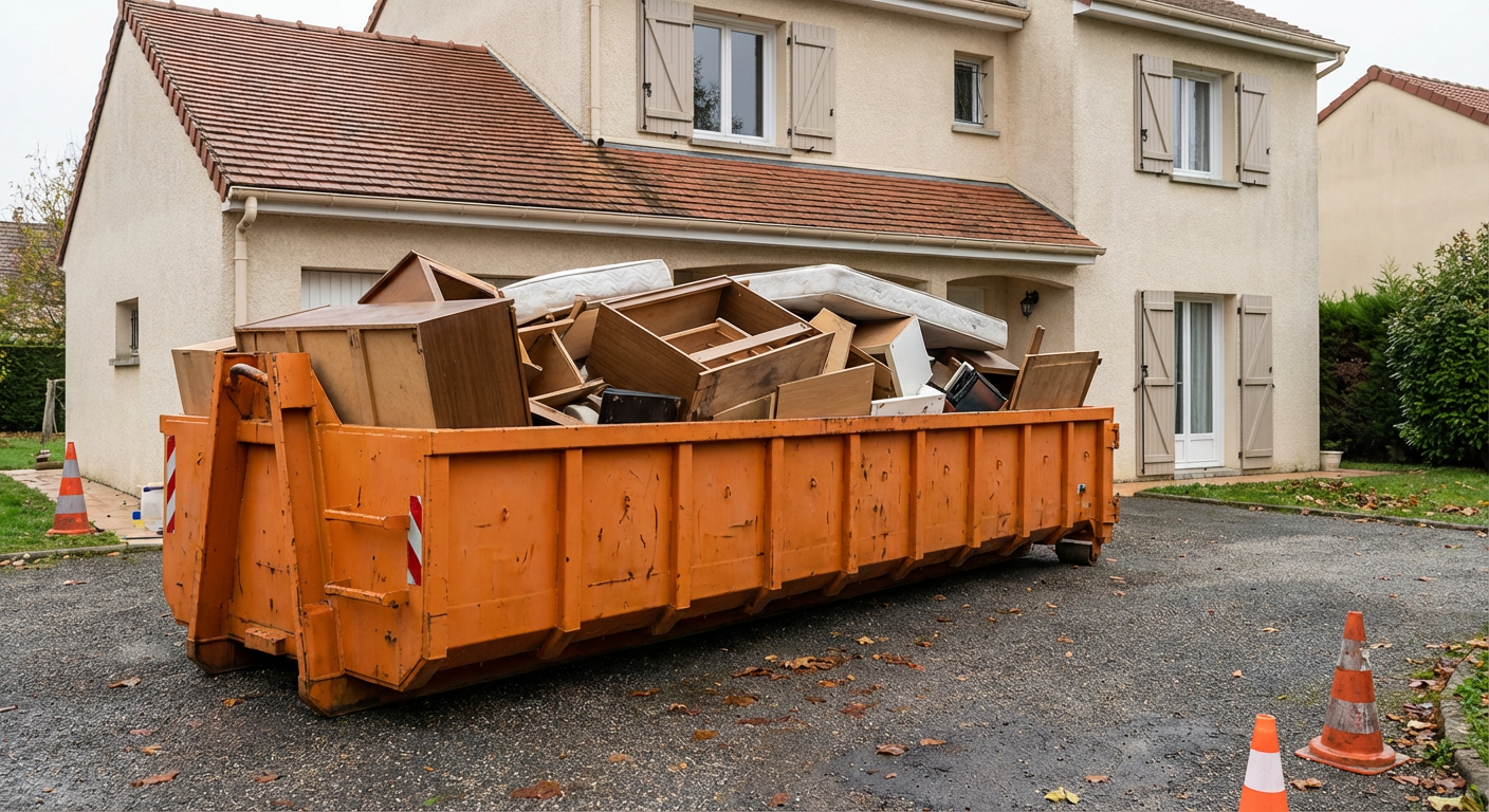 Entreprise pour vider une maison : comment choisir 4 Benne de chantier remplie de vieux meubles lors du vidage d'une maison