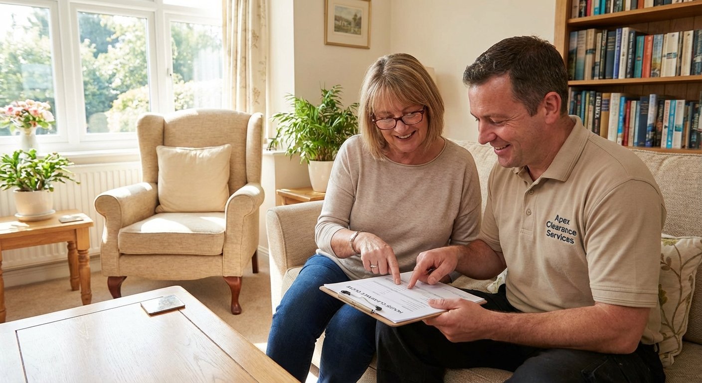 Entreprise pour vider une maison : comment choisir 2 Proprietaire consultant un devis avec un professionnel du debarras dans un salon