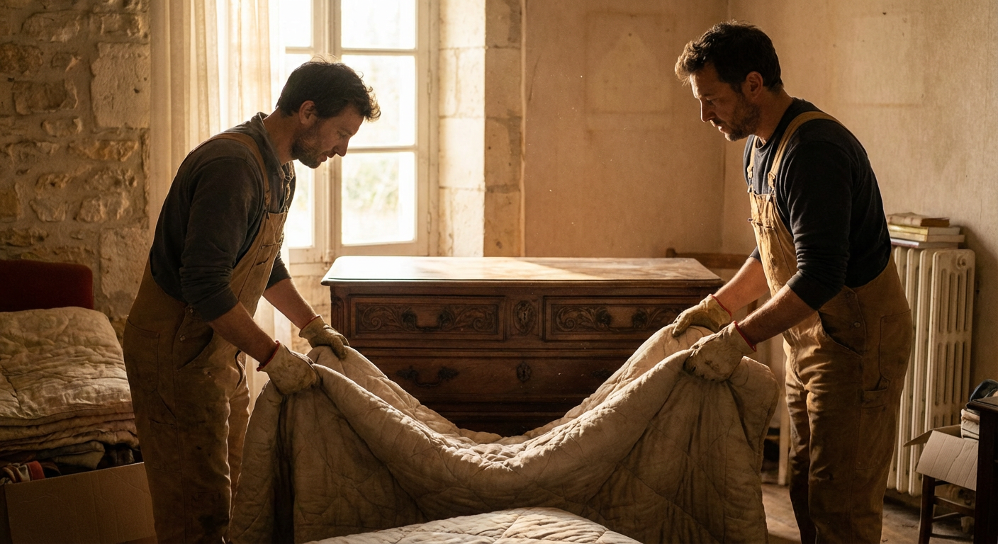 Entreprise qui vide les maisons : comment ça marche 1 Ouvriers emballant soigneusement un meuble ancien pour le vidage de maison