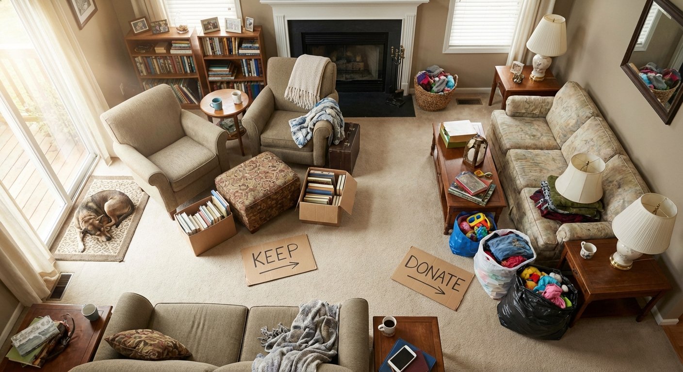 Entreprise qui vide les maisons : comment ça marche 3 Vue aérienne d'un salon en cours de tri pour vidage de maison Lyon