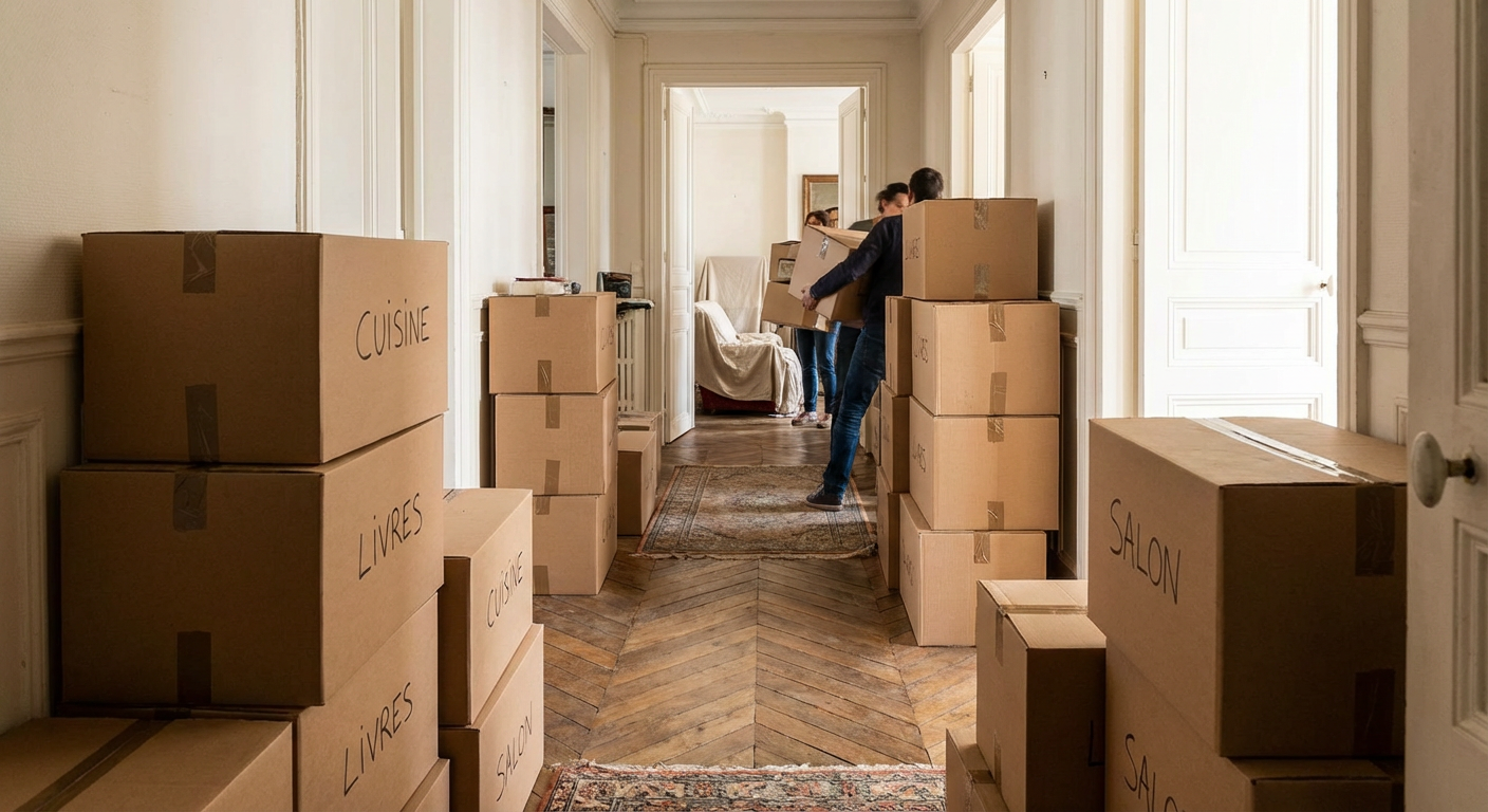 Entreprise qui vide les maisons : comment ça marche 5 Cartons empilés dans le couloir d'un appartement pendant vidage professionnel
