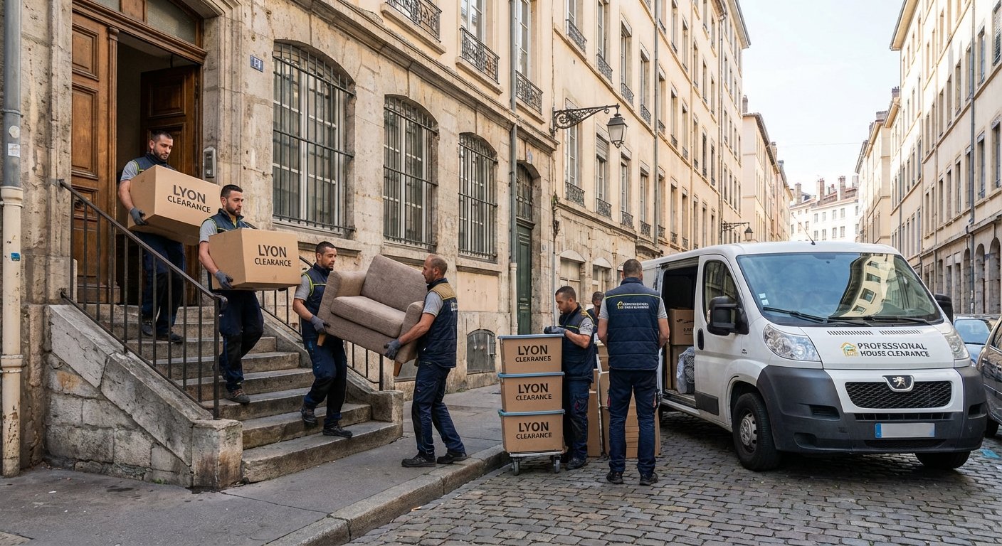 Equipe professionnelle de debarras chargeant un camion a Lyon