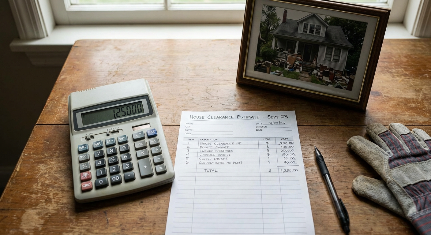 Calculatrice et devis sur un bureau pour estimer le cout d'un debarras