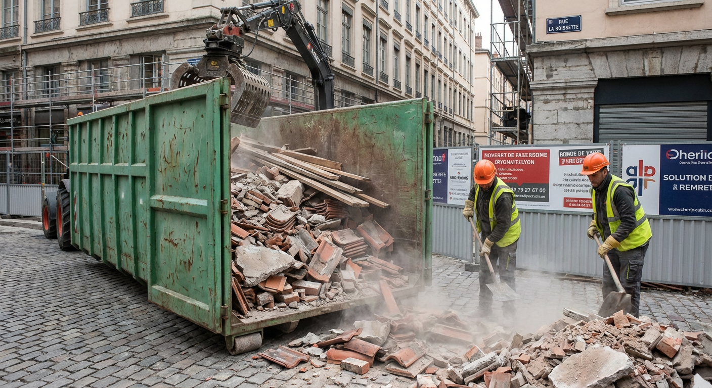 Évacuation de gravats et déchets de chantier dans une benne à Lyon