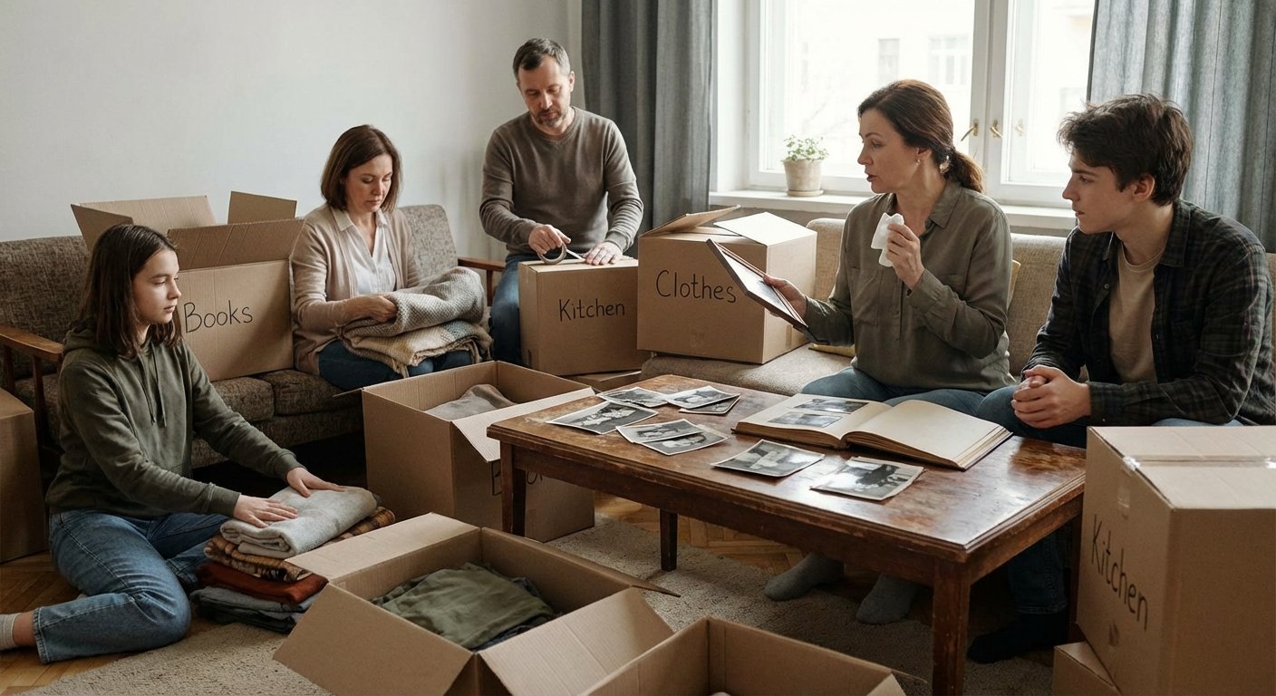 Famille triant les affaires personnelles dans l appartement d un proche decede