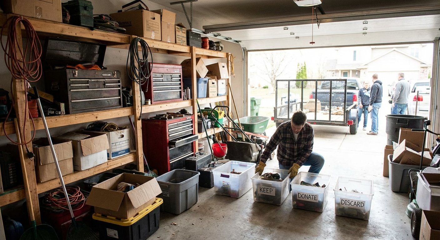 Tri et organisation lors du débarras d'un garage encombré