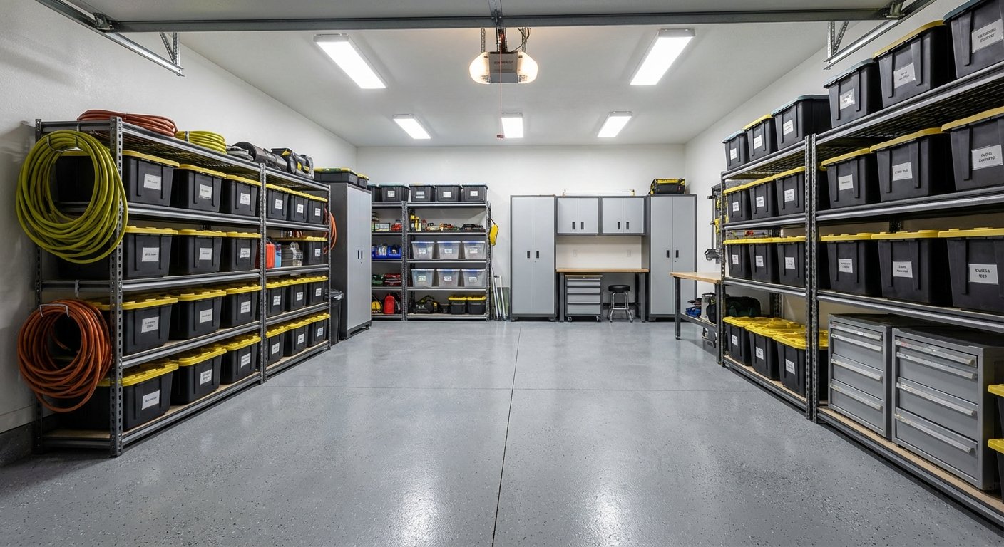Garage propre et organise apres un debarras professionnel avec etageres de rangement