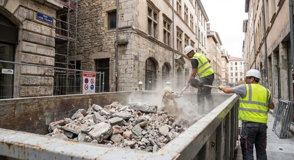 Comment évacuer des gravats et déchets de chantier à Lyon 35 gravats et débris de chantier prêts à être évacués lors d'un débarras à Lyon