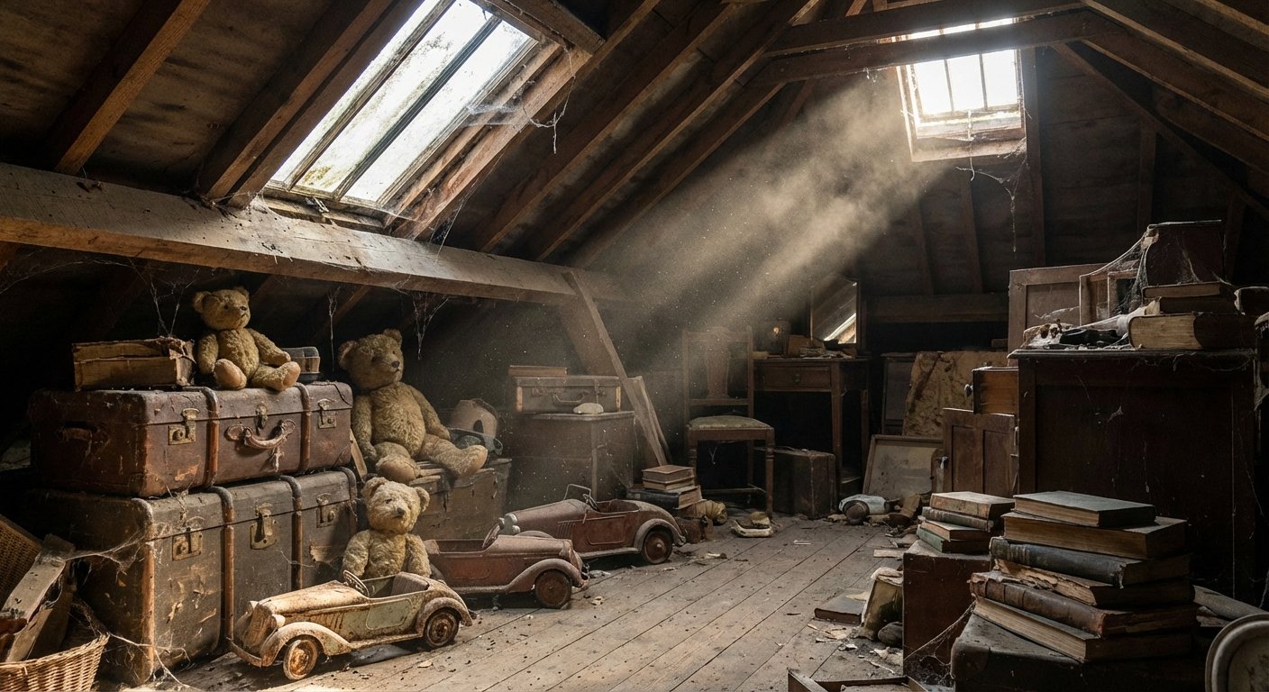 Grenier poussiereux rempli de malles anciennes et objets vintage