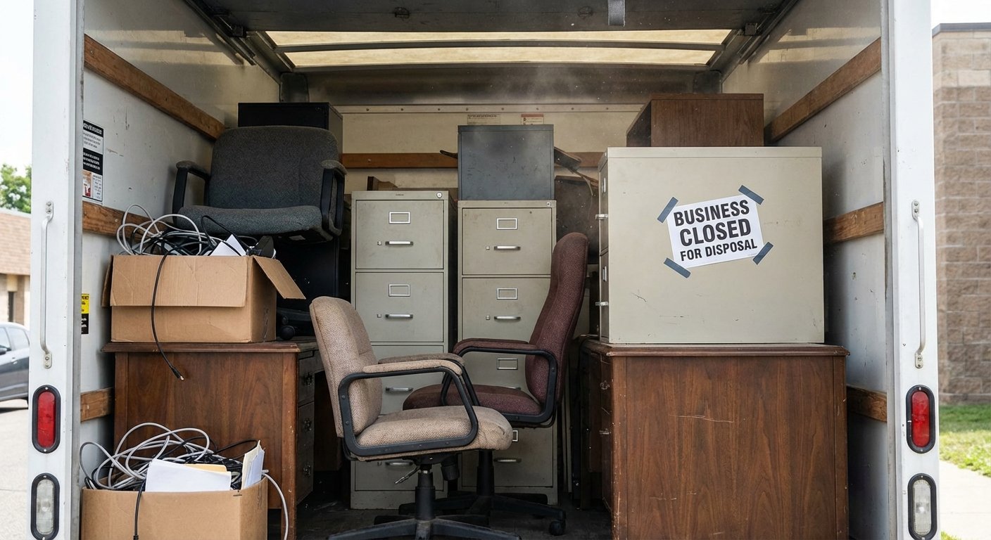 Mobilier de bureau chargé dans un camion de débarras