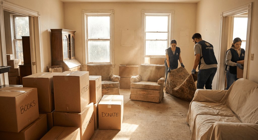 Comment débarrasser une maison gratuitement en 2026 1 Interieur de maison en cours de debarras avec cartons et meubles a evacuer