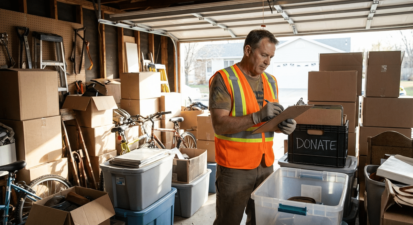 Qui appeler pour débarrasser une maison ? guide complet 4 Professionnel du débarras faisant l'inventaire dans un garage encombré