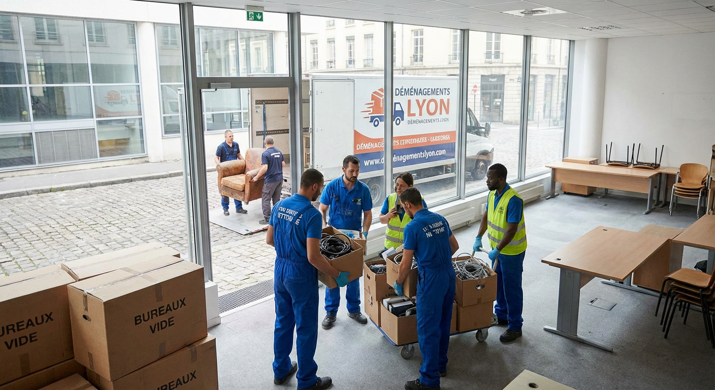 Équipe de débarras vidant un local commercial à Lyon après fermeture