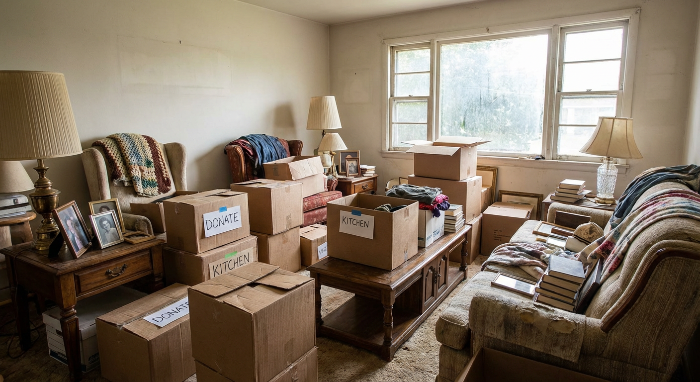 Salon encombre de meubles et cartons avant un debarras complet
