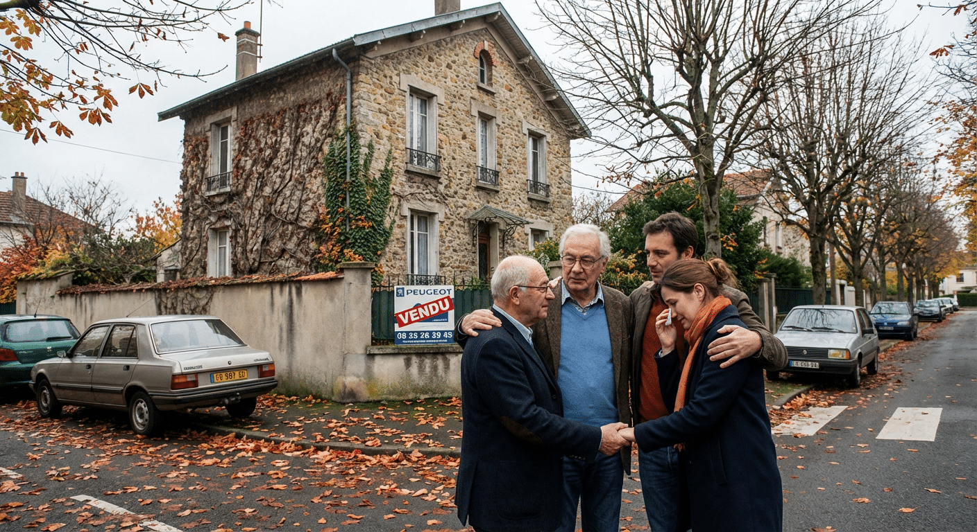 Mon frère vide la maison de ma mère : que dit la loi ? 4 Maison familiale avec panneau vendu et famille devant