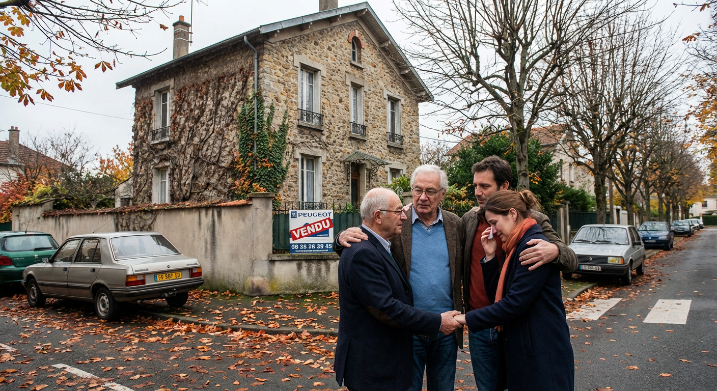 Maison familiale avec panneau vendu et famille devant