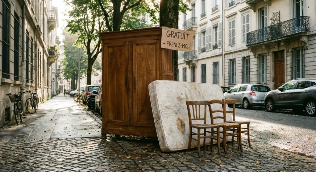 Enlèvement de meubles à domicile gratuit : mode d'emploi 11 Meubles et encombrants deposes devant une maison en attente d enlevement