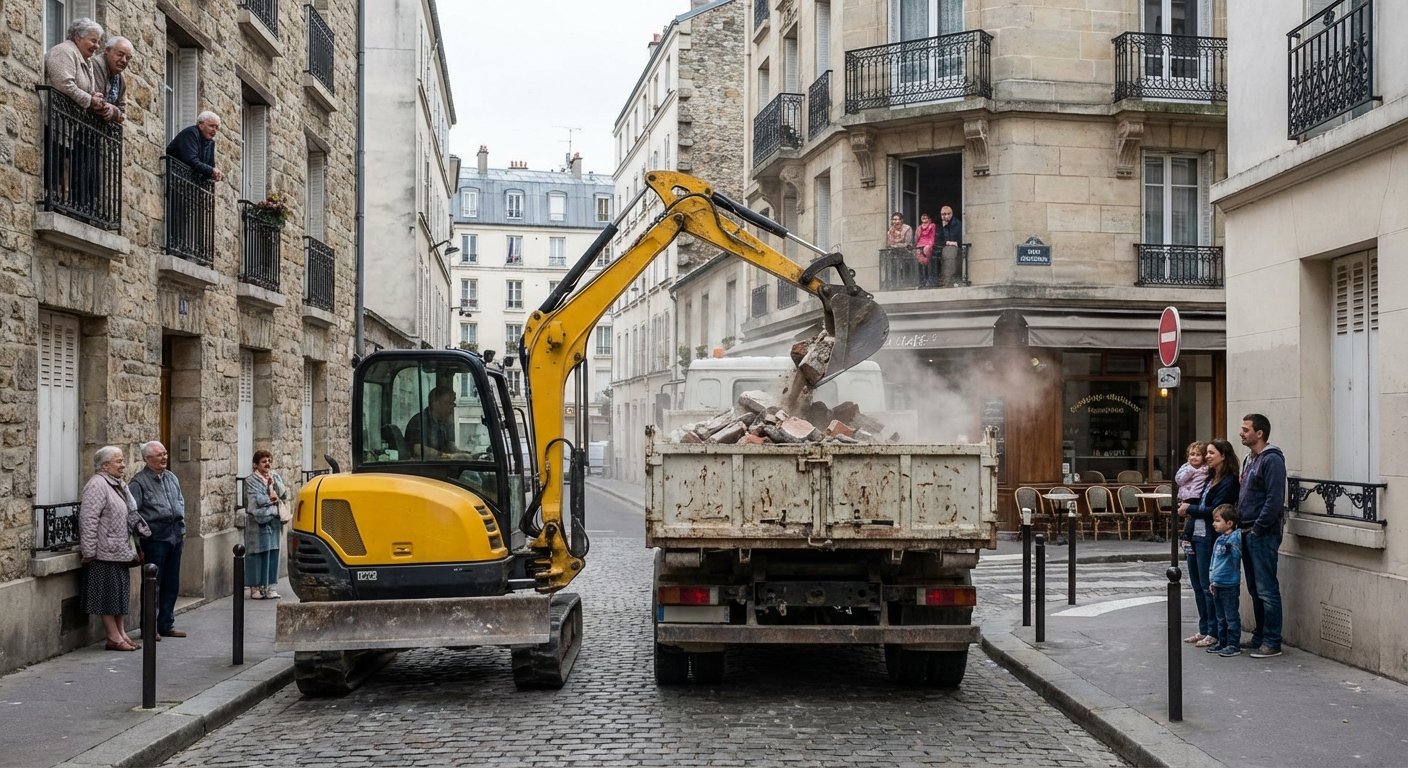 Mini-pelle chargeant des gravats dans un camion
