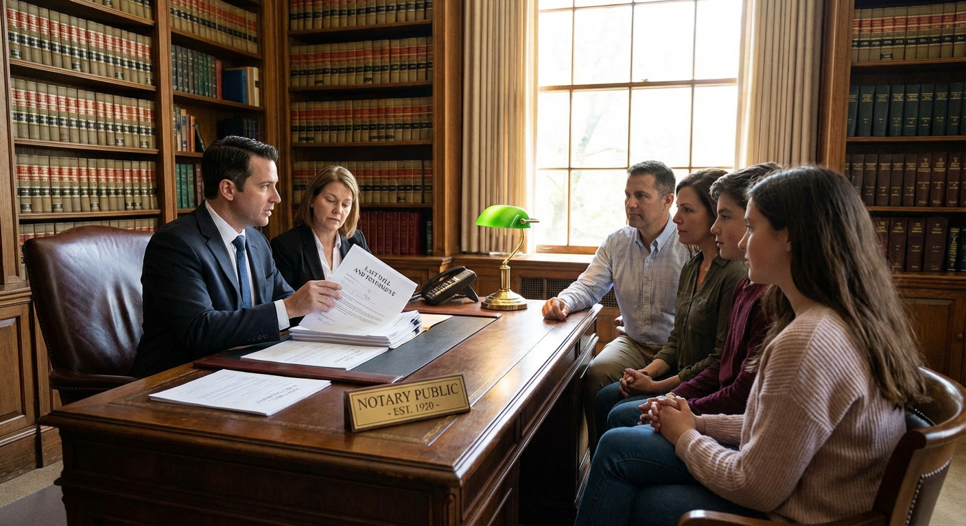 Notaire expliquant les droits de succession a une famille dans son etude