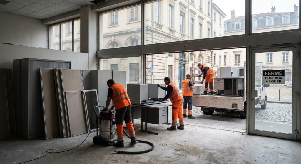 Débarras de local commercial après fermeture d’entreprise à Lyon 38 ouvriers professionnels vidant entièrement un local lors d'un débarras à Lyon