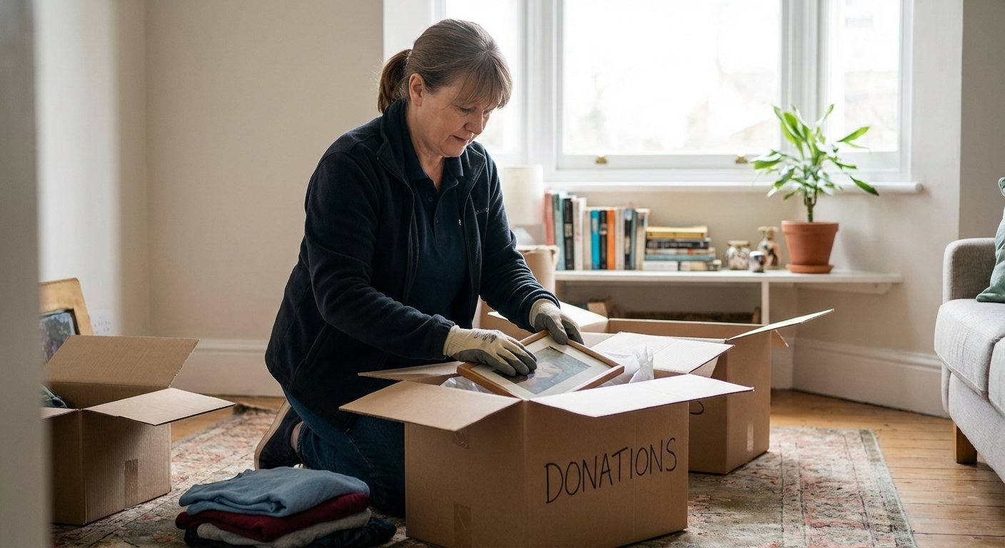 Professionnel emballant avec soin les affaires d un defunt lors d un debarras