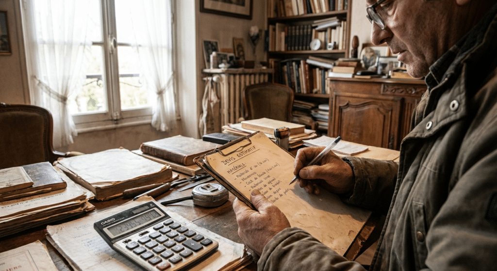 Combien coûte un débarras de maison à Lyon ? grille tarifaire 1 Professionnel realisant un devis de debarras de maison avec calculatrice et metre