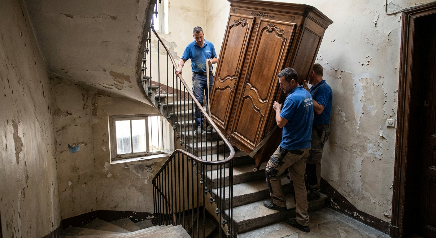 Équipe de déménageurs transportant des meubles anciens dans un escalier