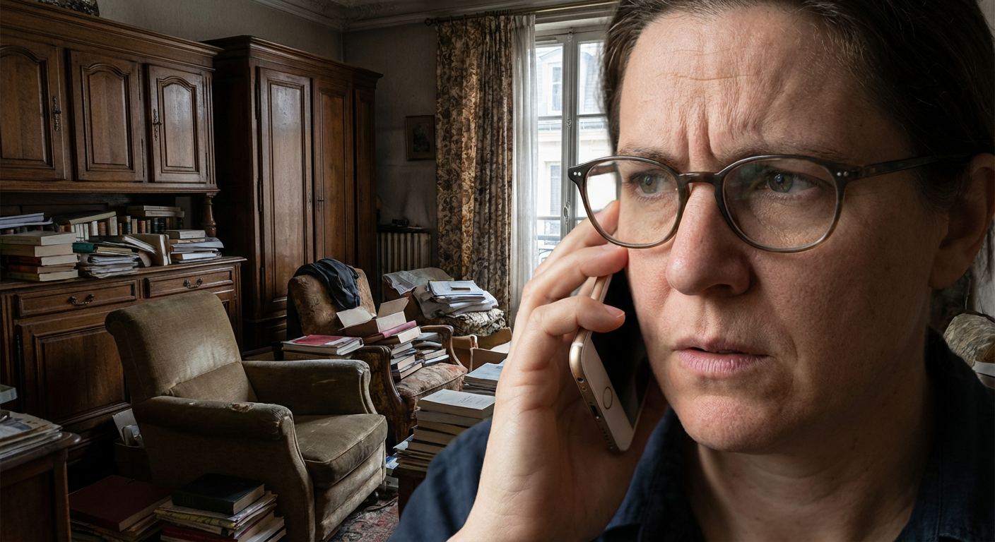 Personne appelant une entreprise de débarras en regardant une pièce encombrée