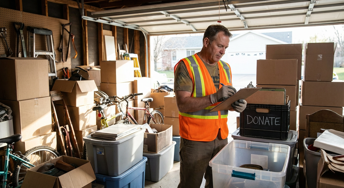 Professionnel du débarras faisant l'inventaire dans un garage encombré
