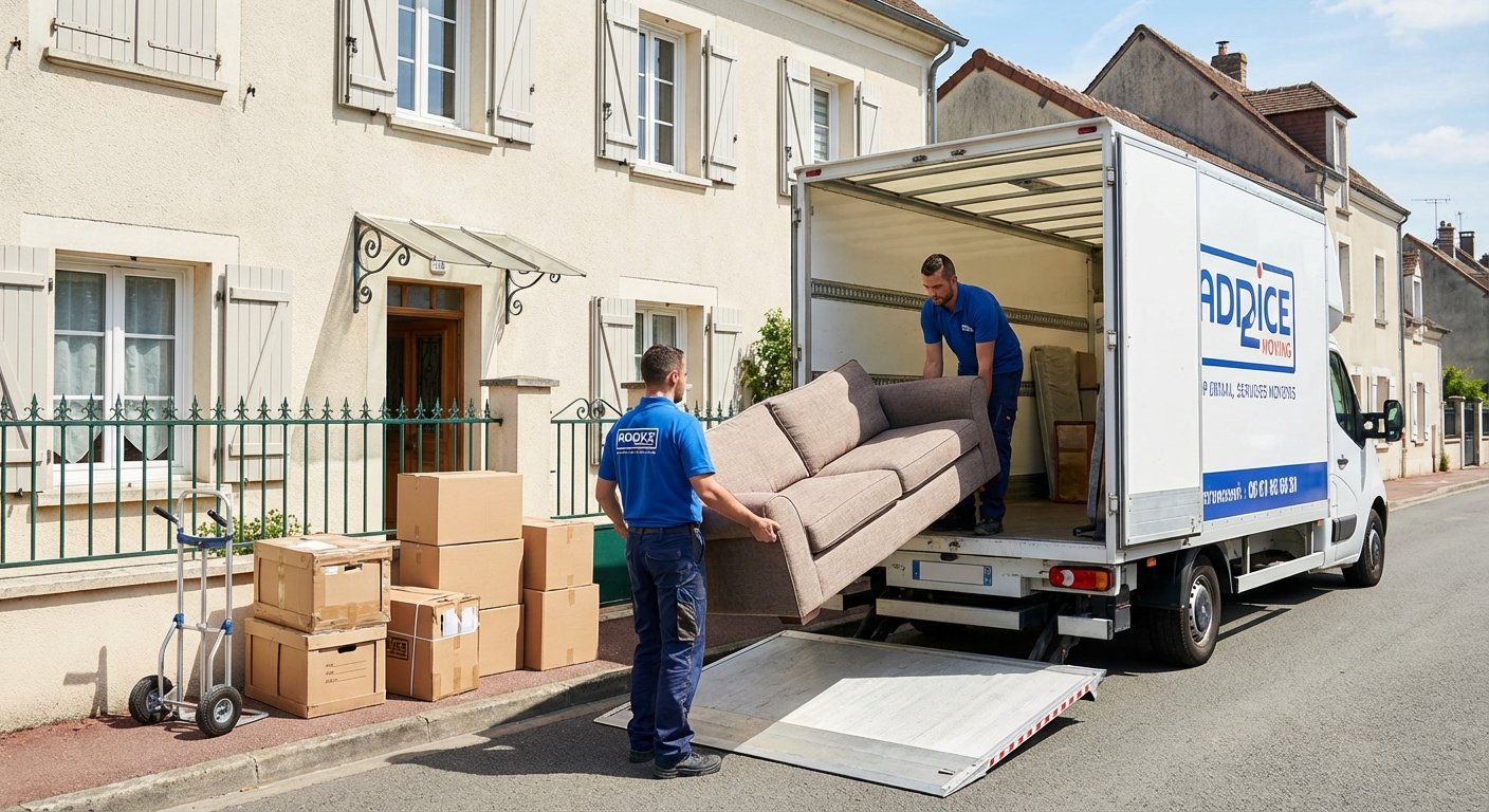 Equipe professionnelle de debarras chargeant des meubles dans un camion