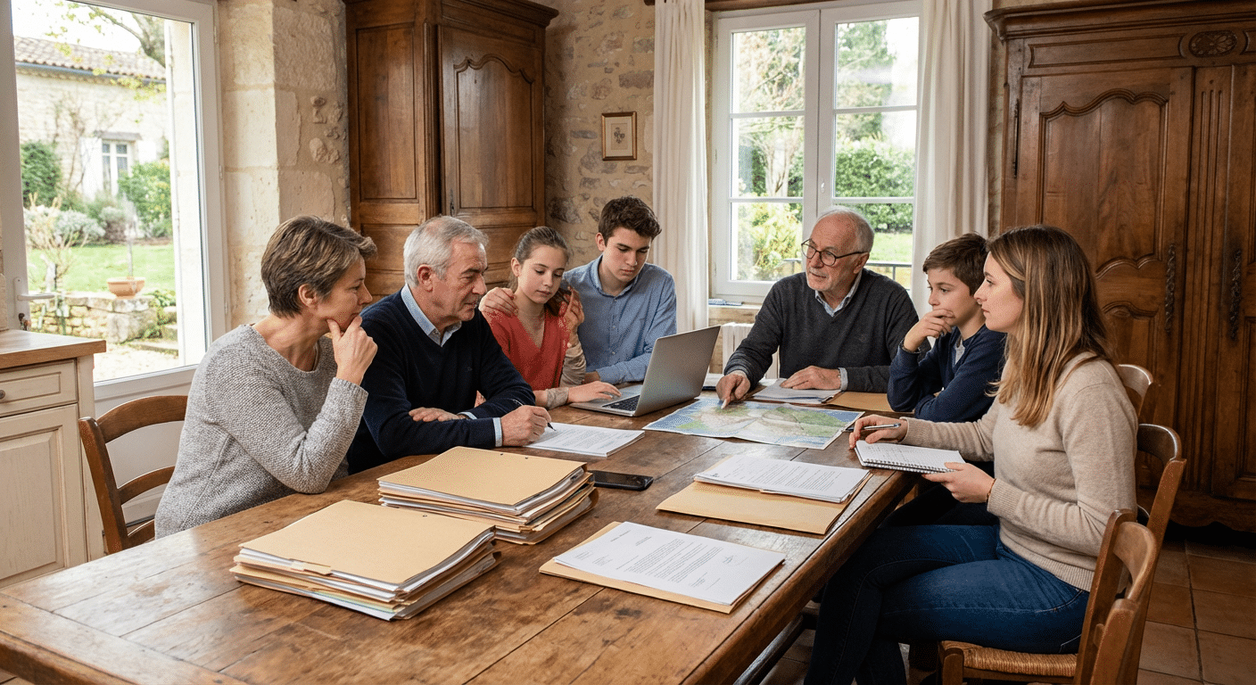 Succession : les meubles ont disparu, que faire ? 4 Famille reunis autour d une table pour discuter de la succession