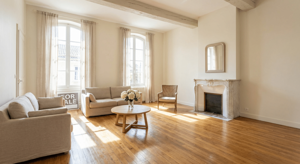 Comment vider une maison pour la vendre sans stress 11 Salon vide et lumineux pret pour la vente immobiliere apres debarras complet