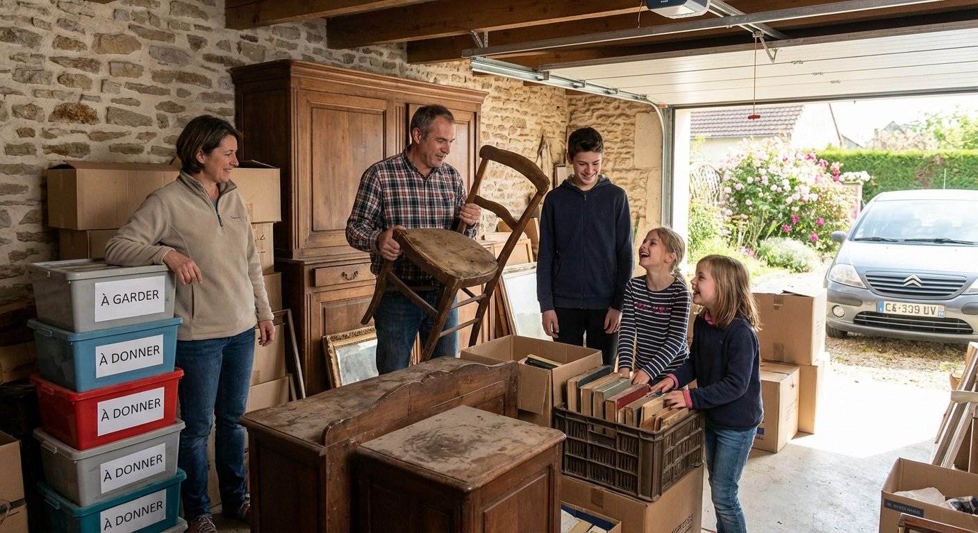 Enlèvement de meubles à domicile gratuit : mode d'emploi 3 Famille triant des meubles dans un garage avant enlèvement à domicile