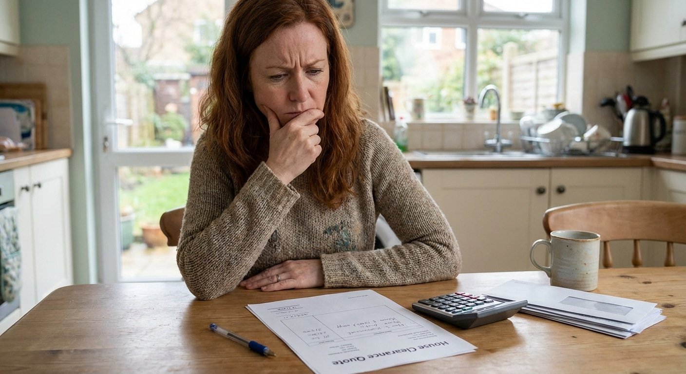 Entreprise pour vider une maison : comment choisir 3 Propriétaire étudiant un devis de vidage de maison avec une calculatrice