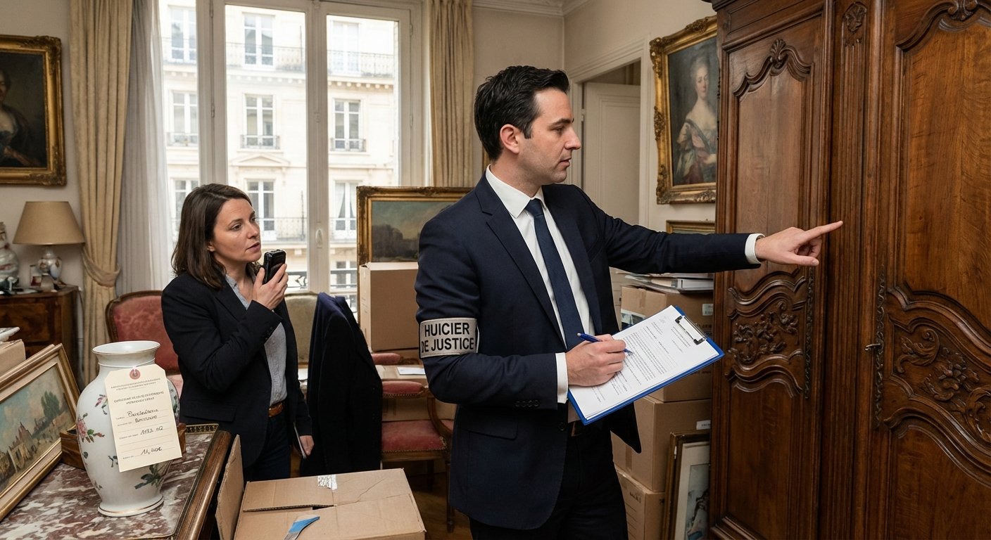 Commissaire de justice realisant un inventaire contradictoire dans un appartement