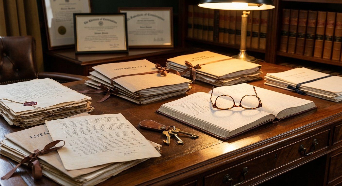 Documents de succession et clés sur un bureau de notaire