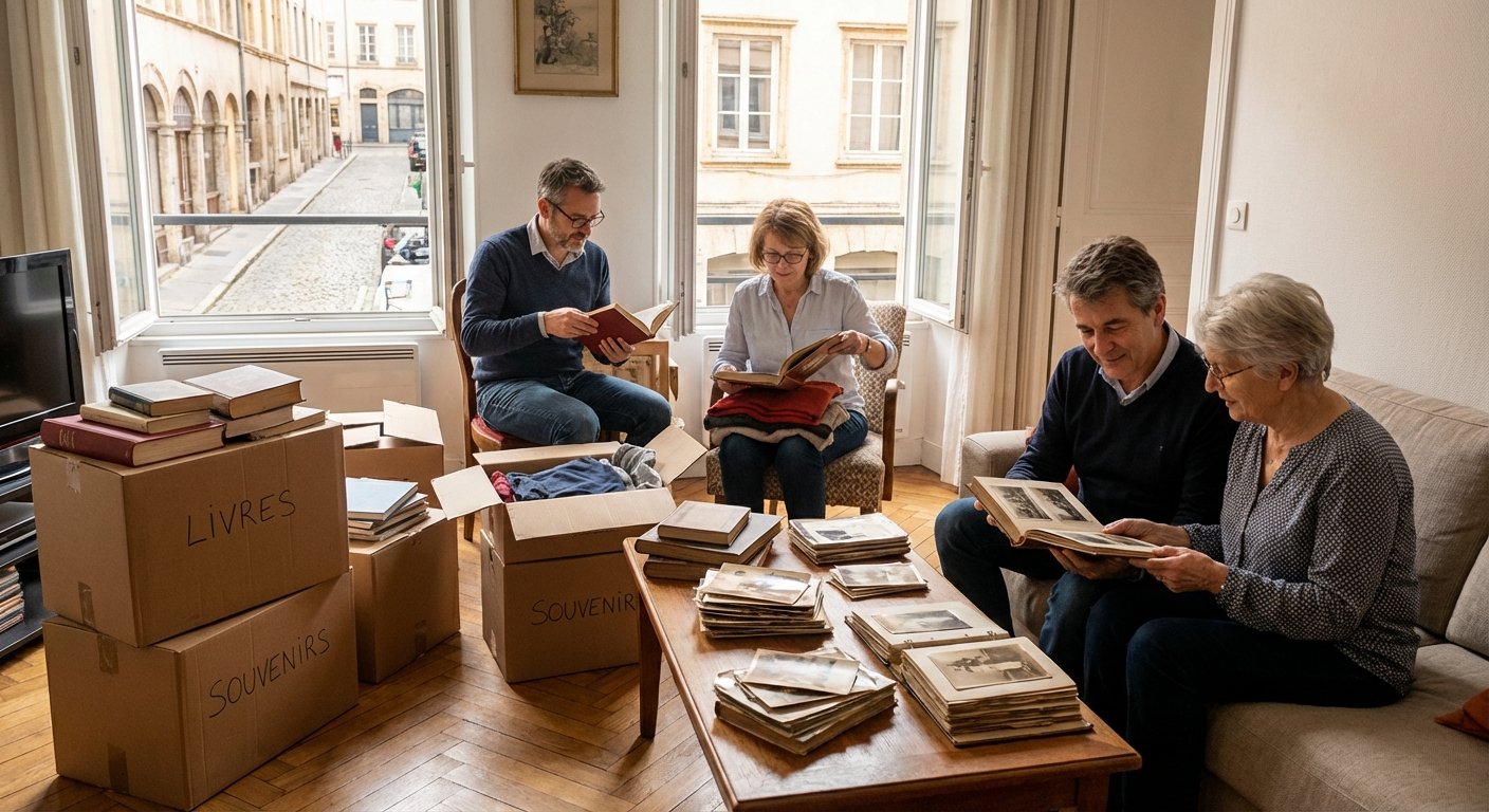 Famille triant les affaires personnelles dans un appartement après décès