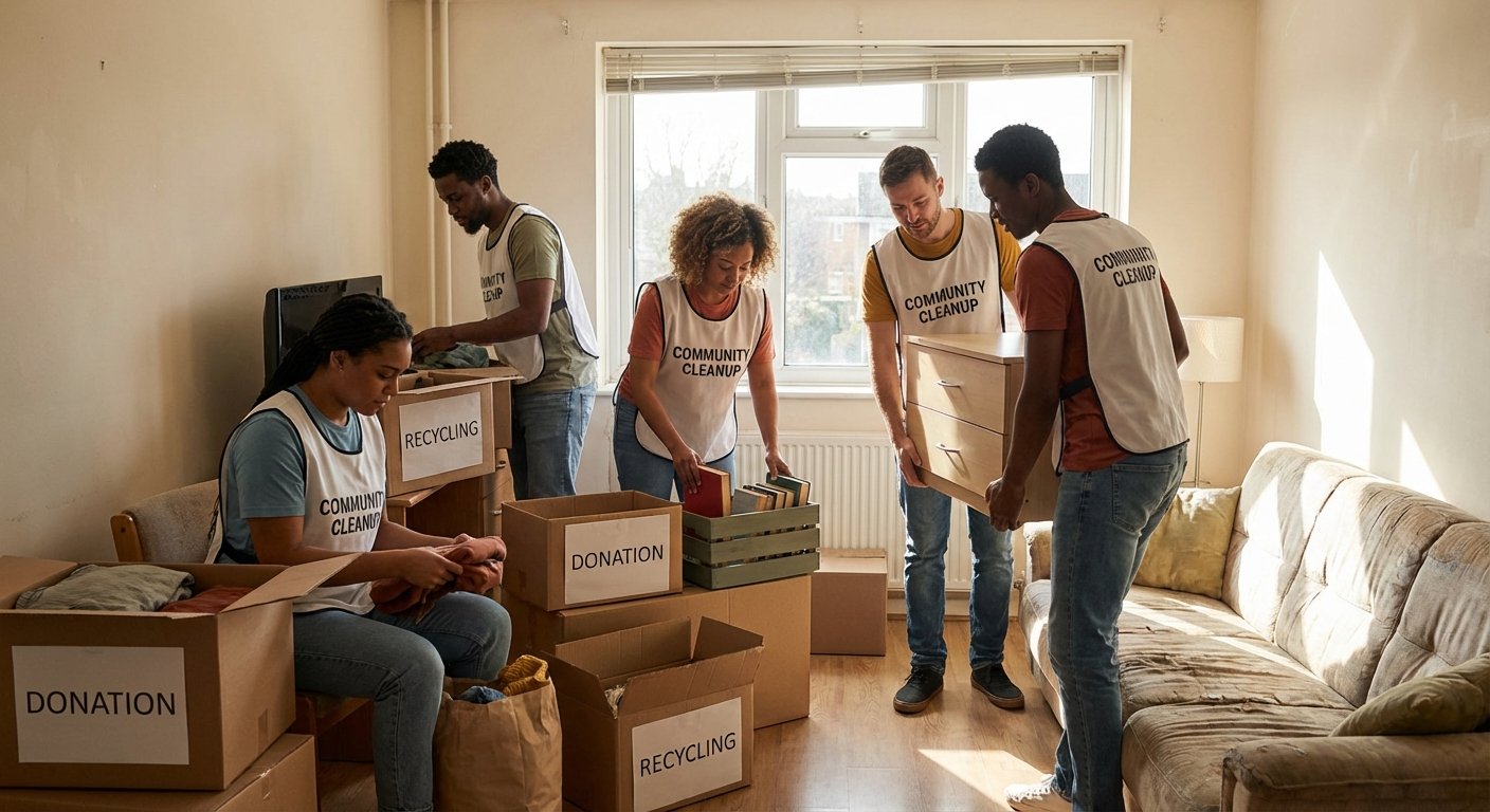 Benevoles triant des objets lors d un debarras gratuit d appartement