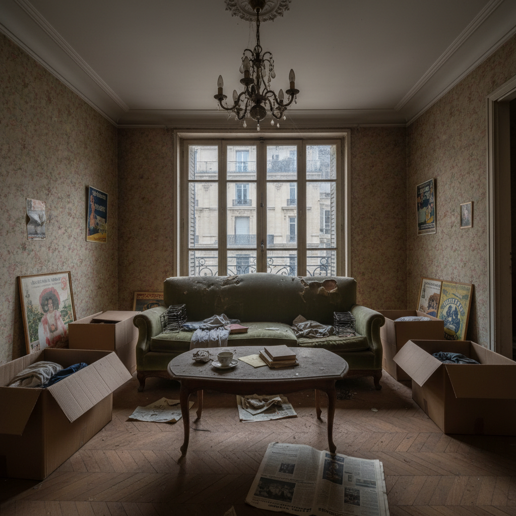 Appartement encombré avec des meubles avant le débarras