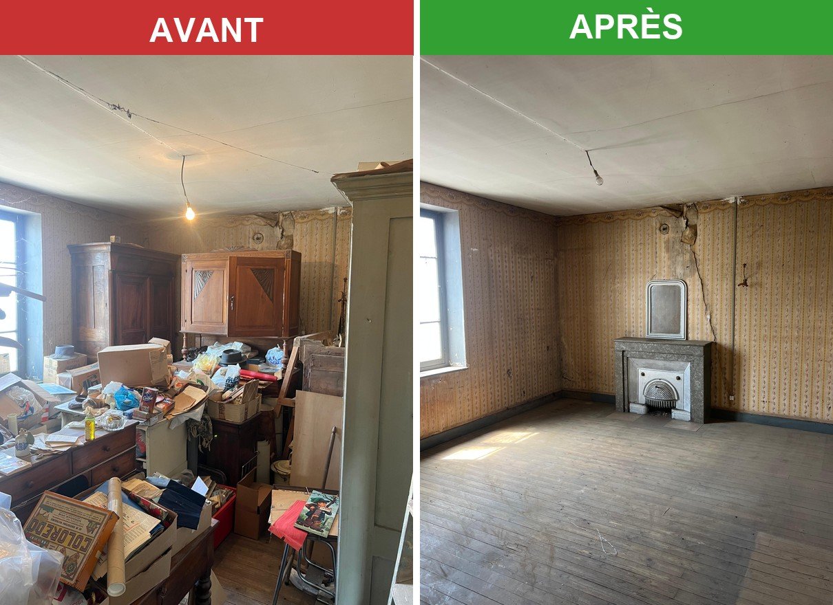 avant apres debarras salon avec meubles et cartons puis piece videe avec cheminee a lyon