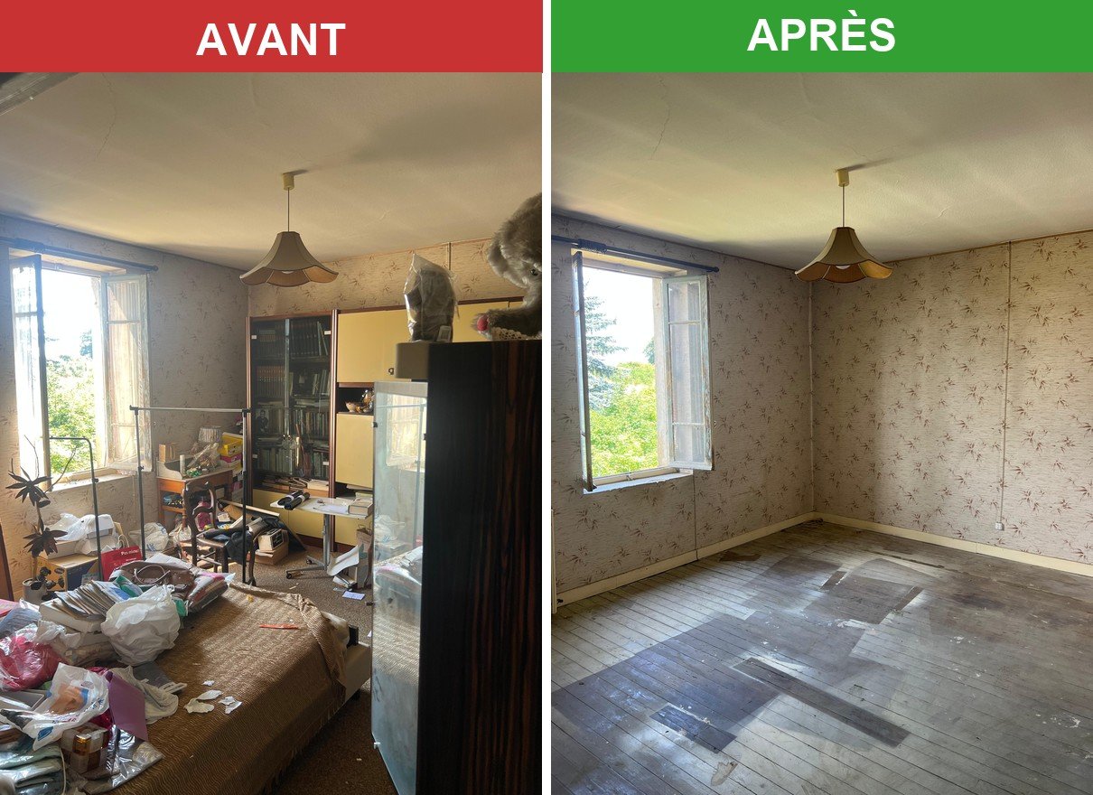avant apres vidage chambre pleine d objets puis piece nettoyee et videe par debarras lyon
