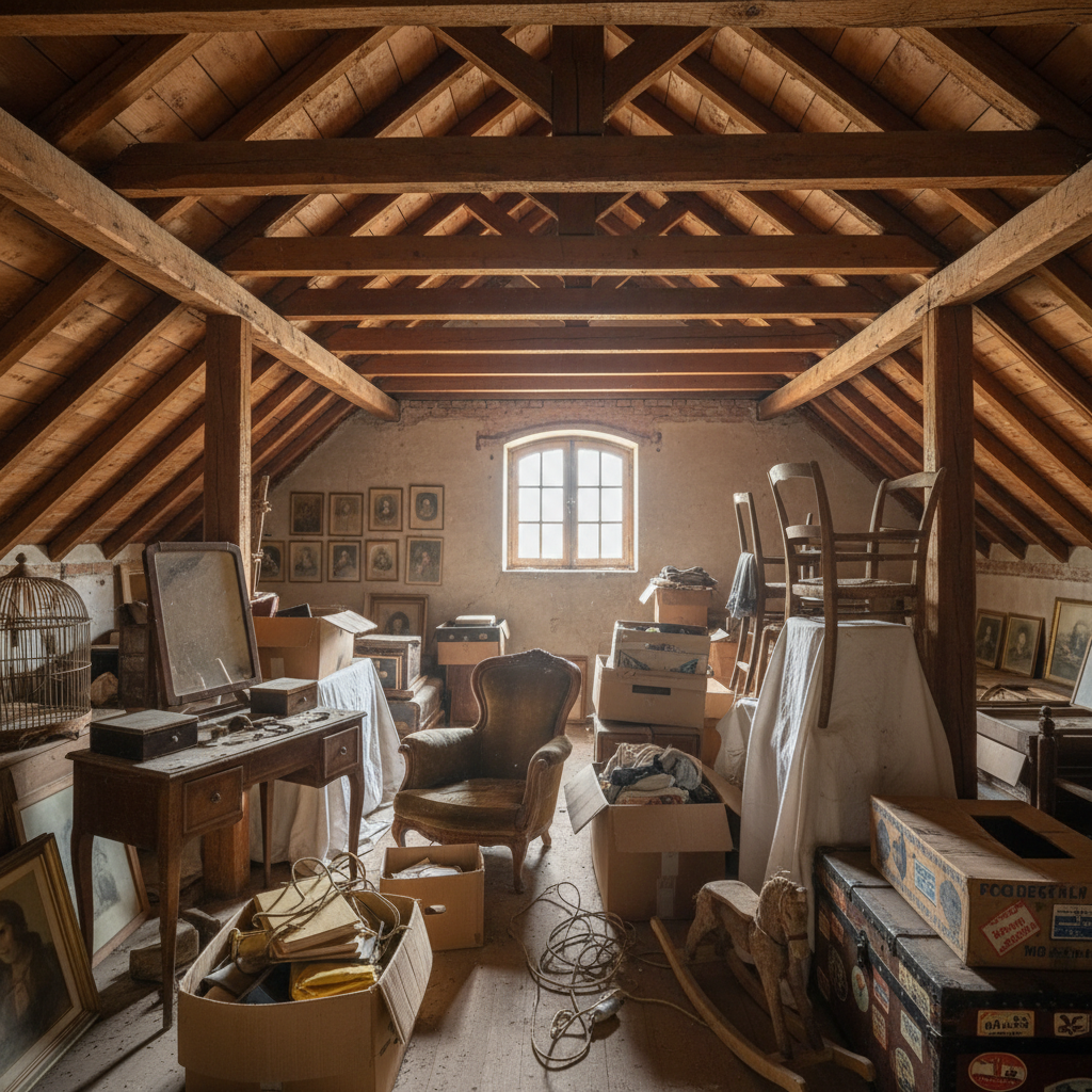 Grenier encombré rempli de meubles anciens et de cartons dans un immeuble lyonnais