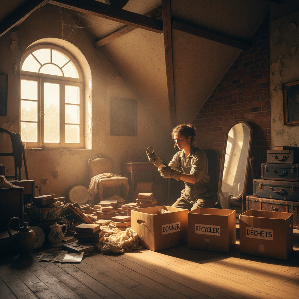 Personne triant des objets anciens dans un grenier avec des cartons étiquetés