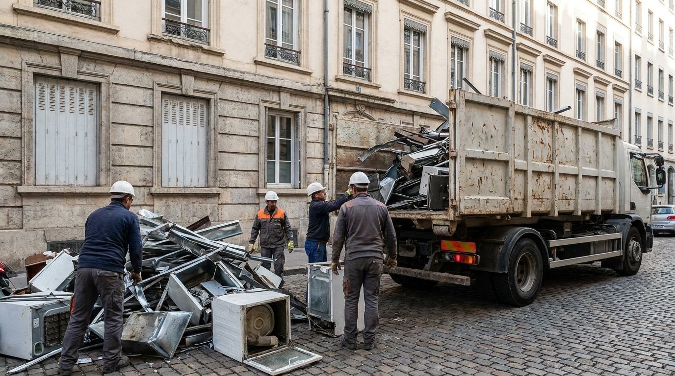 Chargement de ferraille dans un camion devant un immeuble lyonnais