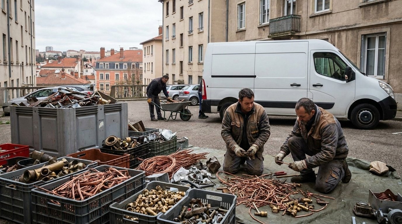 Cuivre et objets métalliques de valeur triés lors d'un enlèvement de ferraille à Lyon