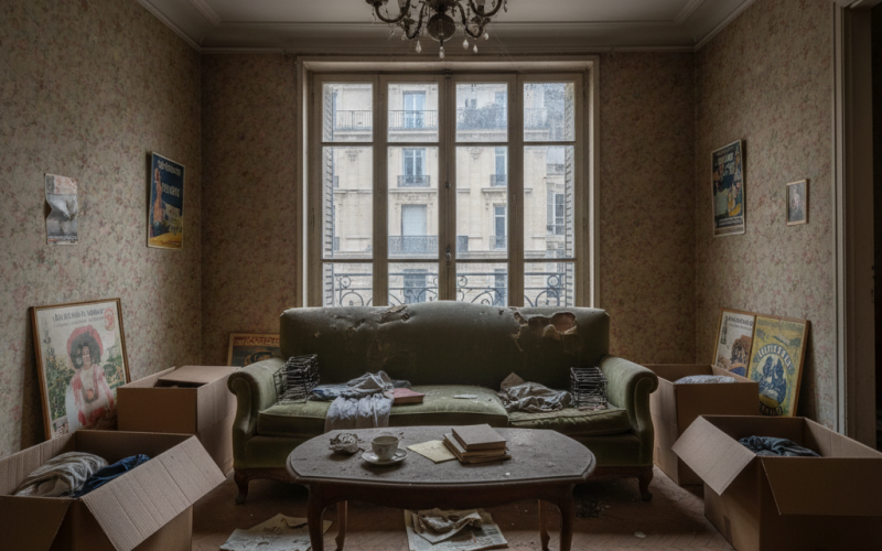 Appartement laissé encombré avec des meubles abandonnés après le départ du locataire